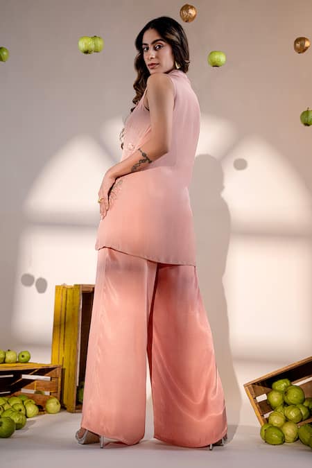 Shop Amrood Peach Satin Beads Collared Bloom Embroidered Top With Pant at Aza Fashions Shop_Amrood_Peach Satin Beads Collared Bloom Embroidered Top With Pant _at_Aza_Fashions