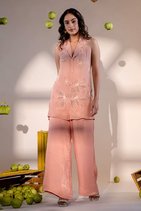 Amrood Peach Satin Beads Collared Bloom Embroidered Top With Pant Online at Aza Fashions Amrood_Peach Satin Beads Collared Bloom Embroidered Top With Pant _Online_at_Aza_Fashions