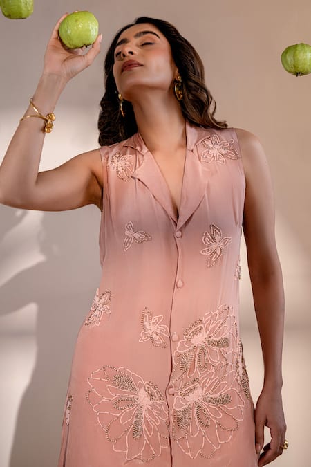 Amrood Peach Satin Beads Collared Bloom Embroidered Top With Pant at Aza Fashions Amrood_Peach Satin Beads Collared Bloom Embroidered Top With Pant _at_Aza_Fashions