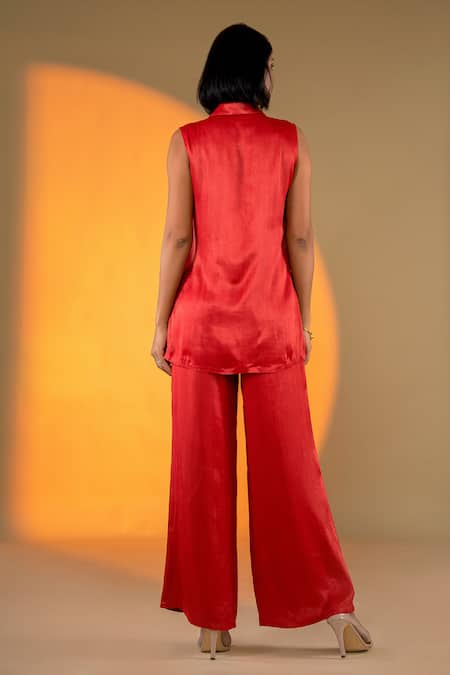 Shop Amrood Red Satin Beads Collared Floral Embroidered Top With Pant at Aza Fashions Shop_Amrood_Red Satin Beads Collared Floral Embroidered Top With Pant _at_Aza_Fashions