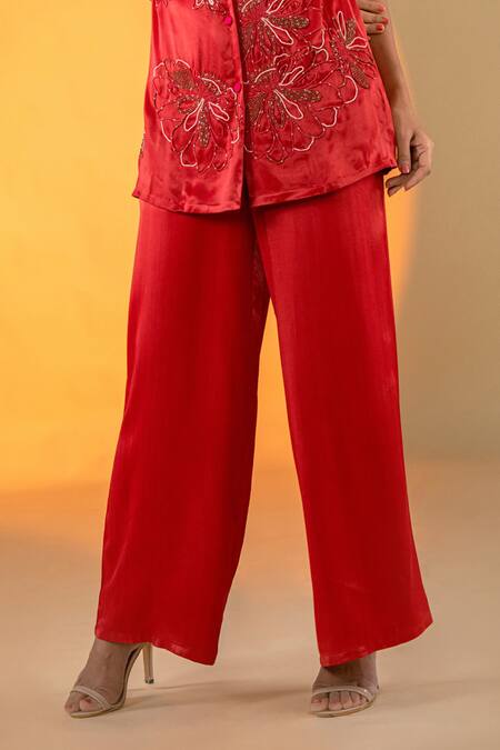 Amrood Red Satin Beads Collared Floral Embroidered Top With Pant Online at Aza Fashions Amrood_Red Satin Beads Collared Floral Embroidered Top With Pant _Online_at_Aza_Fashions