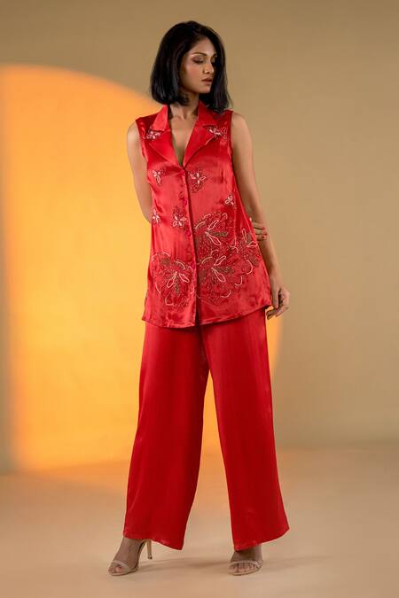 Buy Amrood Red Satin Beads Collared Floral Embroidered Top With Pant Online at Aza Fashions Buy_Amrood_Red Satin Beads Collared Floral Embroidered Top With Pant _Online_at_Aza_Fashions