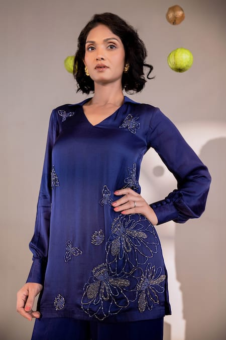 Shop Amrood Purple Satin Beads Collared, V-neck Fleur Embroidered Top With Flared Pant at Aza Fashions Shop_Amrood_Purple Satin Beads Collared, V-neck Fleur Embroidered Top With Flared Pant _at_Aza_Fashions