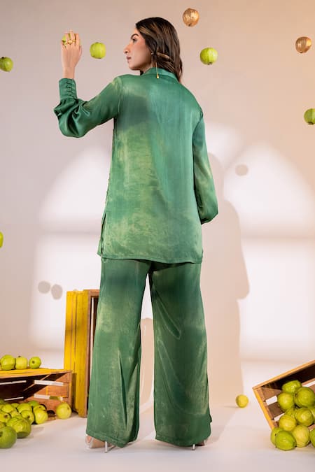 Shop Amrood Green Satin Beads Collared, V-neck Florin Embroidered Top With Flared Pant at Aza Fashions Shop_Amrood_Green Satin Beads Collared, V-neck Florin Embroidered Top With Flared Pant _at_Aza_Fashions