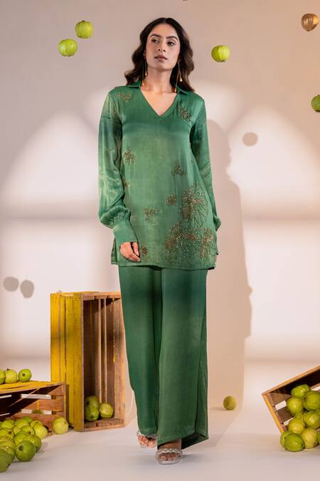 Amrood Green Satin Beads Collared, V-neck Florin Embroidered Top With Flared Pant Online at Aza Fashions Amrood_Green Satin Beads Collared, V-neck Florin Embroidered Top With Flared Pant _Online_at_Aza_Fashions