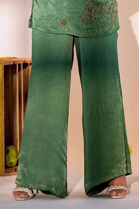 Buy Amrood Green Satin Beads Collared, V-neck Florin Embroidered Top With Flared Pant Online at Aza Fashions Buy_Amrood_Green Satin Beads Collared, V-neck Florin Embroidered Top With Flared Pant _Online_at_Aza_Fashions