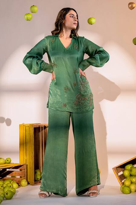 Shop Amrood Green Satin Beads Collared, V-neck Florin Embroidered Top With Flared Pant Online at Aza Fashions Shop_Amrood_Green Satin Beads Collared, V-neck Florin Embroidered Top With Flared Pant _Online_at_Aza_Fashions