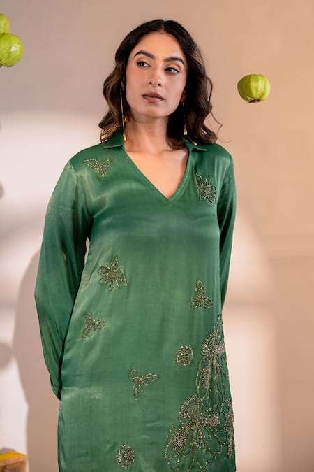 Amrood Green Satin Beads Collared, V-neck Florin Embroidered Top With Flared Pant at Aza Fashions Amrood_Green Satin Beads Collared, V-neck Florin Embroidered Top With Flared Pant _at_Aza_Fashions