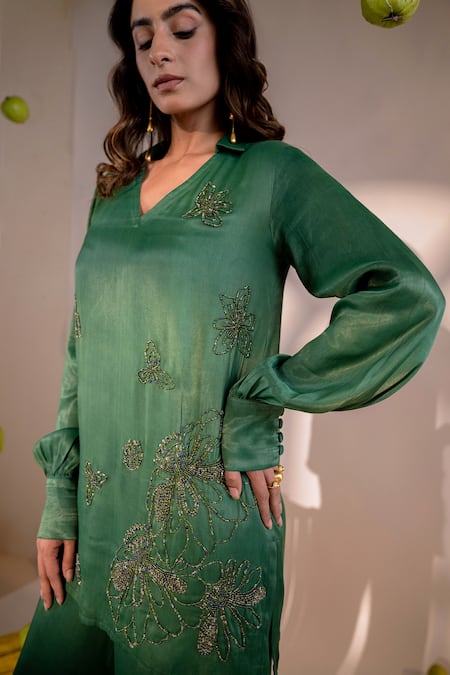 Buy Amrood Green Satin Beads Collared, V-neck Florin Embroidered Top With Flared Pant Buy_Amrood_Green Satin Beads Collared, V-neck Florin Embroidered Top With Flared Pant