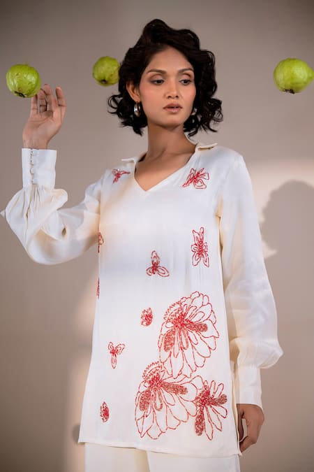 Shop Amrood Off White Satin Beads Collared Bloom Garden Embroidered Top With Pant Online at Aza Fashions Shop_Amrood_Off White Satin Beads Collared Bloom Garden Embroidered Top With Pant _Online_at_Aza_Fashions