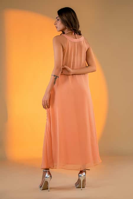 Shop_Amrood_Peach Organza Applique Halter Neck Carnation Bloom Dress With Inner _at_Aza_Fashions