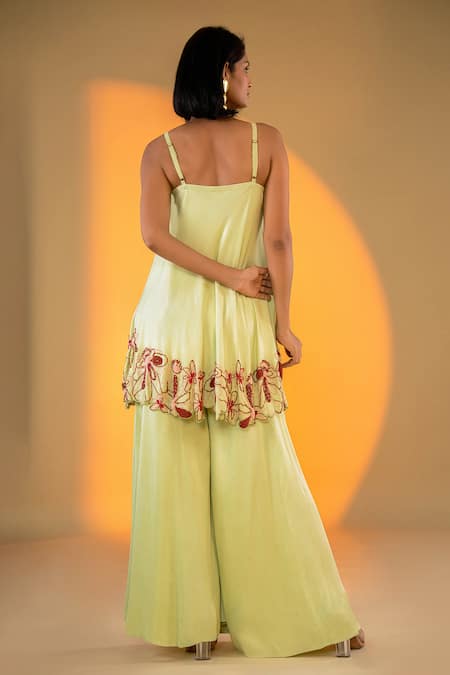 Shop Amrood Green Satin Embroidery, Beads Square Neck Bloomy Kurta With Sharara at Aza Fashions Shop_Amrood_Green Satin Embroidery, Beads Square Neck Bloomy Kurta With Sharara _at_Aza_Fashions