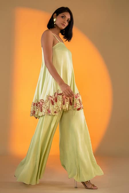 Amrood Green Satin Embroidery, Beads Square Neck Bloomy Kurta With Sharara Online at Aza Fashions Amrood_Green Satin Embroidery, Beads Square Neck Bloomy Kurta With Sharara _Online_at_Aza_Fashions