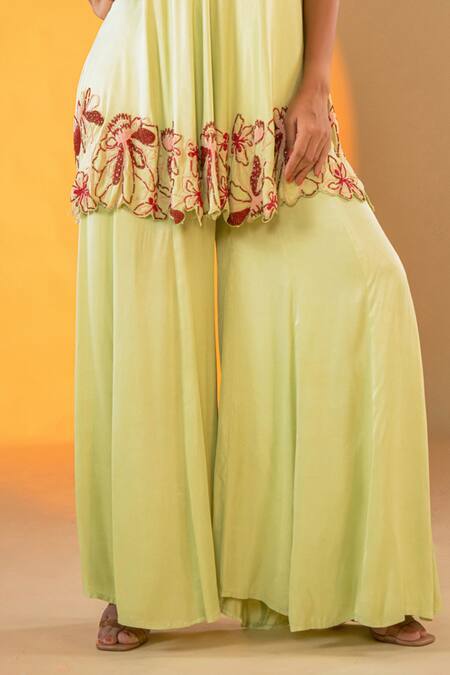 Buy Amrood Green Satin Embroidery, Beads Square Neck Bloomy Kurta With Sharara Online at Aza Fashions Buy_Amrood_Green Satin Embroidery, Beads Square Neck Bloomy Kurta With Sharara _Online_at_Aza_Fashions