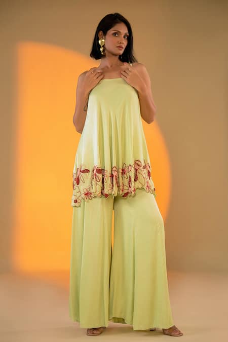 Shop Amrood Green Satin Embroidery, Beads Square Neck Bloomy Kurta With Sharara Online at Aza Fashions Shop_Amrood_Green Satin Embroidery, Beads Square Neck Bloomy Kurta With Sharara _Online_at_Aza_Fashions