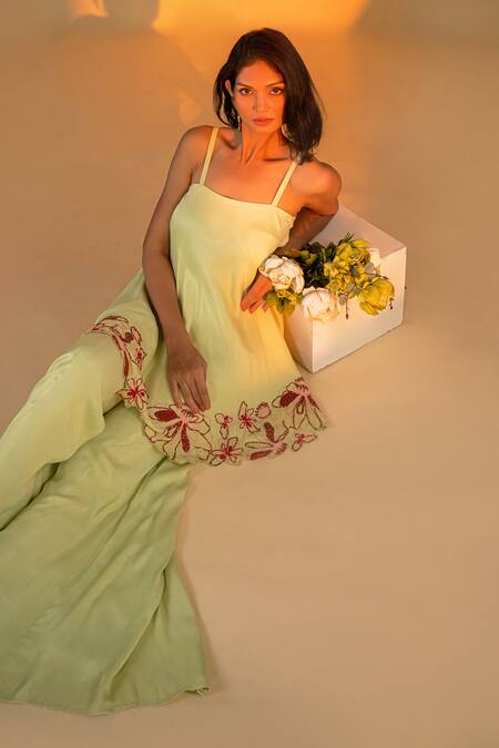 Amrood Green Satin Embroidery, Beads Square Neck Bloomy Kurta With Sharara at Aza Fashions Amrood_Green Satin Embroidery, Beads Square Neck Bloomy Kurta With Sharara _at_Aza_Fashions