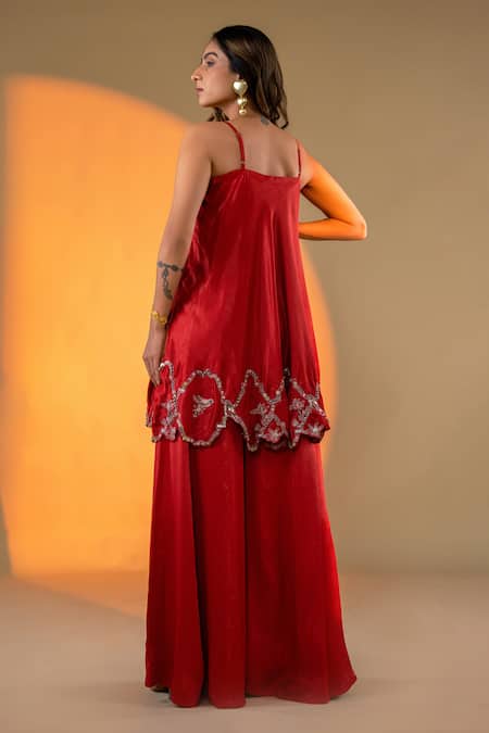 Shop Amrood Red Satin Sequins, Beads Square Florin Cutwork Embroidered Kurta With Sharara at Aza Fashions Shop_Amrood_Red Satin Sequins, Beads Square Florin Cutwork Embroidered Kurta With Sharara _at_Aza_Fashions