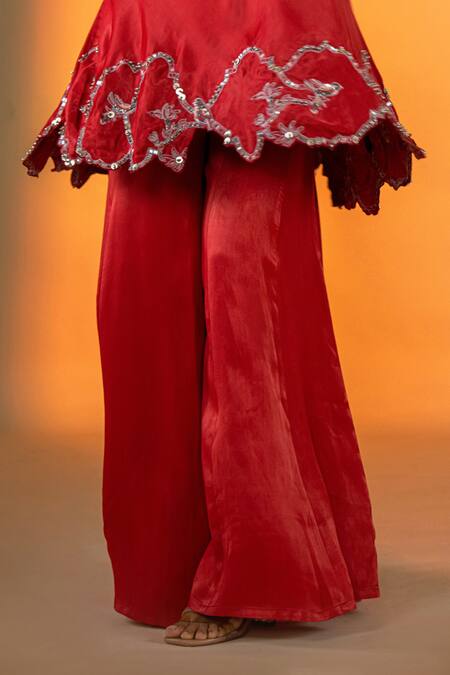 Amrood Red Satin Sequins, Beads Square Florin Cutwork Embroidered Kurta With Sharara Online at Aza Fashions Amrood_Red Satin Sequins, Beads Square Florin Cutwork Embroidered Kurta With Sharara _Online_at_Aza_Fashions