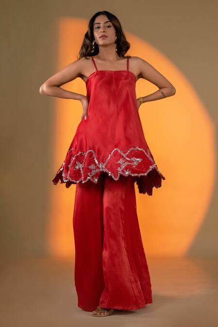 Buy Amrood Red Satin Sequins, Beads Square Florin Cutwork Embroidered Kurta With Sharara Online at Aza Fashions Buy_Amrood_Red Satin Sequins, Beads Square Florin Cutwork Embroidered Kurta With Sharara _Online_at_Aza_Fashions