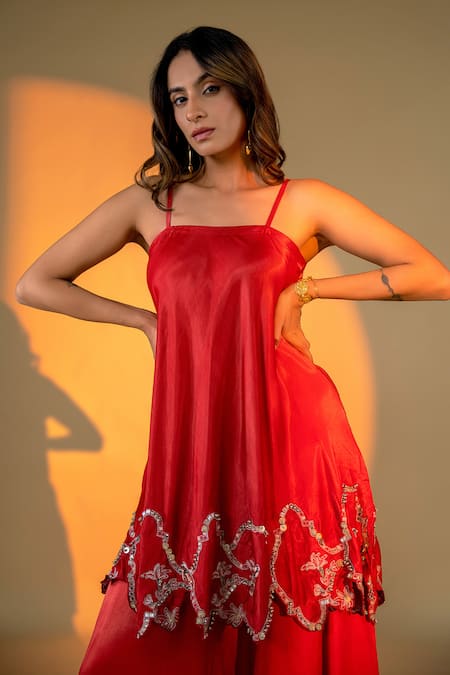 Shop Amrood Red Satin Sequins, Beads Square Florin Cutwork Embroidered Kurta With Sharara Online at Aza Fashions Shop_Amrood_Red Satin Sequins, Beads Square Florin Cutwork Embroidered Kurta With Sharara _Online_at_Aza_Fashions