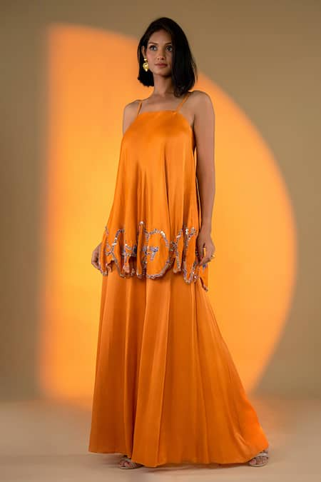 Amrood Orange Satin Embroidery Flora Cutwork Square Neck Kurta With Sharara 