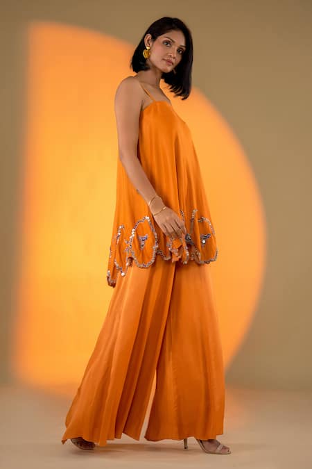 Shop Amrood Orange Satin Sequins, Beads Square Flora Cutwork Embroidered Kurta With Sharara at Aza Fashions Shop_Amrood_Orange Satin Sequins, Beads Square Flora Cutwork Embroidered Kurta With Sharara _at_Aza_Fashions