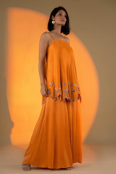 Amrood Orange Satin Sequins, Beads Square Flora Cutwork Embroidered Kurta With Sharara Online at Aza Fashions Amrood_Orange Satin Sequins, Beads Square Flora Cutwork Embroidered Kurta With Sharara _Online_at_Aza_Fashions