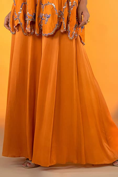 Buy Amrood Orange Satin Sequins, Beads Square Flora Cutwork Embroidered Kurta With Sharara Online at Aza Fashions Buy_Amrood_Orange Satin Sequins, Beads Square Flora Cutwork Embroidered Kurta With Sharara _Online_at_Aza_Fashions