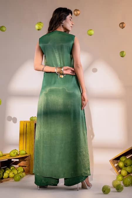 Shop Amrood Green Satin Embroidery V-neck Blossomy Long Front Slit Kurta With Flared Pant at Aza Fashions Shop_Amrood_Green Satin Embroidery V-neck Blossomy Long Front Slit Kurta With Flared Pant _at_Aza_Fashions