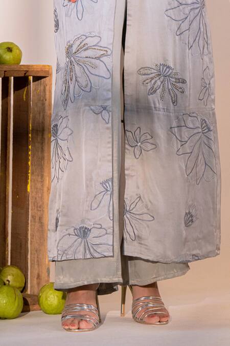Amrood Grey Satin Beads, Floral Bloom Long Front Slit Kurta With Flared Pant Online at Aza Fashions Amrood_Grey Satin Beads, Floral Bloom Long Front Slit Kurta With Flared Pant _Online_at_Aza_Fashions