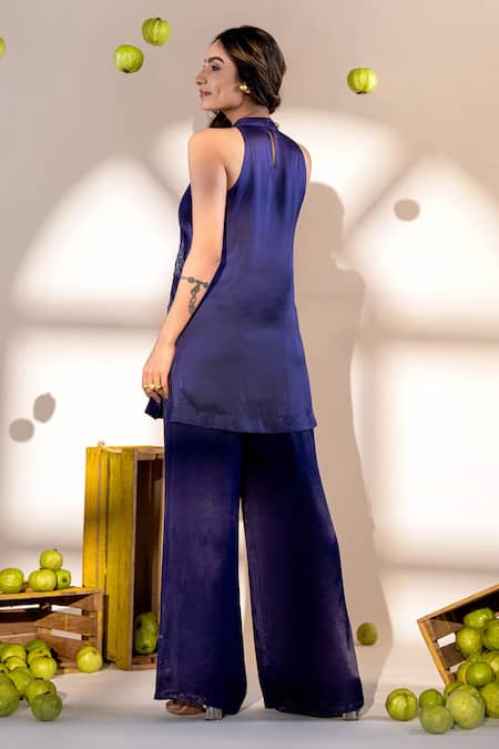 Shop Amrood Purple Satin Embroidery Halter Neck Bird Paradise Kurta With Flared Pant at Aza Fashions Shop_Amrood_Purple Satin Embroidery Halter Neck Bird Paradise Kurta With Flared Pant _at_Aza_Fashions