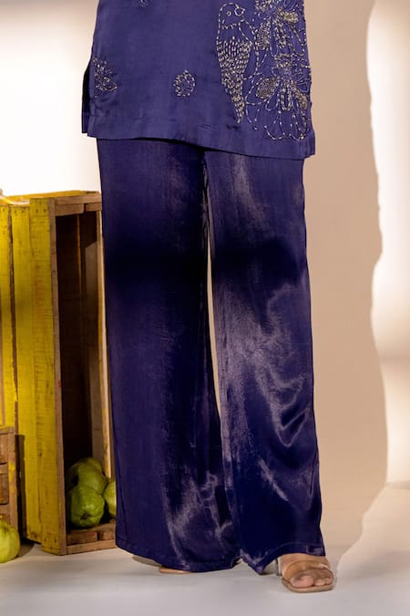 Amrood Purple Satin Embroidery Halter Neck Bird Paradise Kurta With Flared Pant Online at Aza Fashions Amrood_Purple Satin Embroidery Halter Neck Bird Paradise Kurta With Flared Pant _Online_at_Aza_Fashions