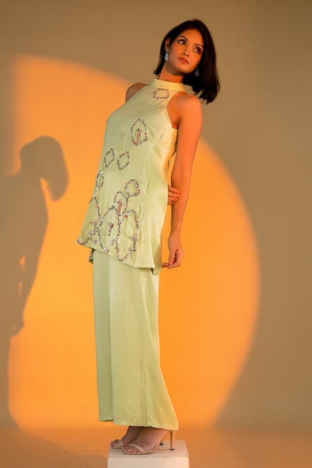 Amrood Green Satin Embroidery Bloom Helix Halter Neck Kurta With Flared Pant 