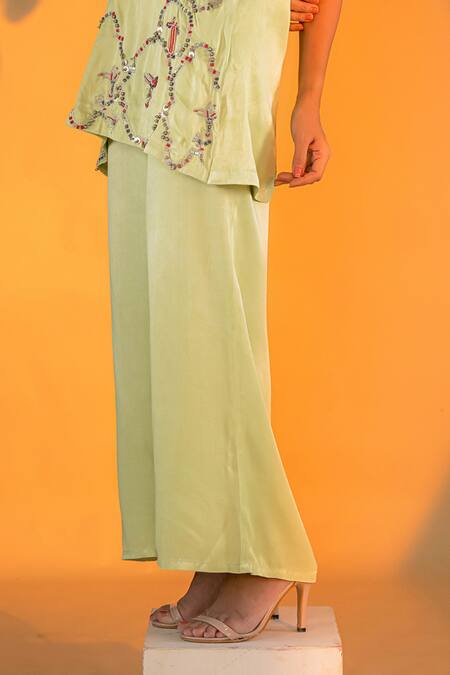 Amrood Green Satin Beads, Sequins Halter Neck Bloom Helix Kurta With Flared Pant Online at Aza Fashions Amrood_Green Satin Beads, Sequins Halter Neck Bloom Helix Kurta With Flared Pant _Online_at_Aza_Fashions