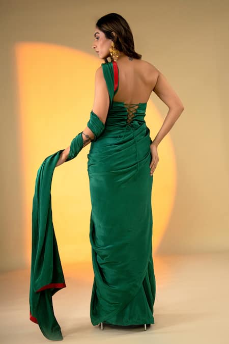 Shop_Amrood_Green Satin Embroidery Sweetheart Neck Saree With Corset Blouse _at_Aza_Fashions