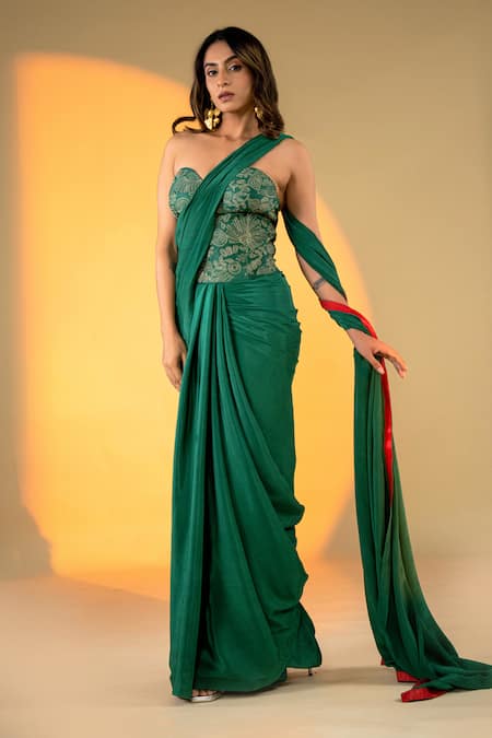 Amrood_Green Satin Embroidery Sweetheart Neck Saree With Corset Blouse _Online_at_Aza_Fashions