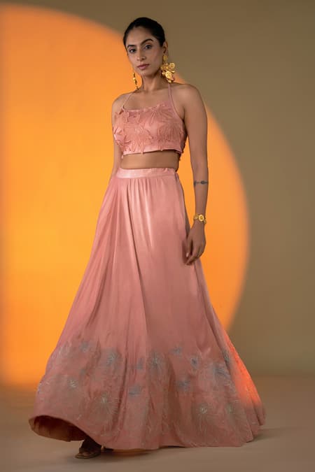 Amrood Peach Satin Embroidery Lily Blossom Halter Neck Lehenga With Blouse 