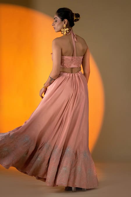 Shop Amrood Peach Satin Applique, Embroidery Halter Neck Lily Blossom Lehenga With Blouse at Aza Fashions Shop_Amrood_Peach Satin Applique, Embroidery Halter Neck Lily Blossom Lehenga With Blouse _at_Aza_Fashions
