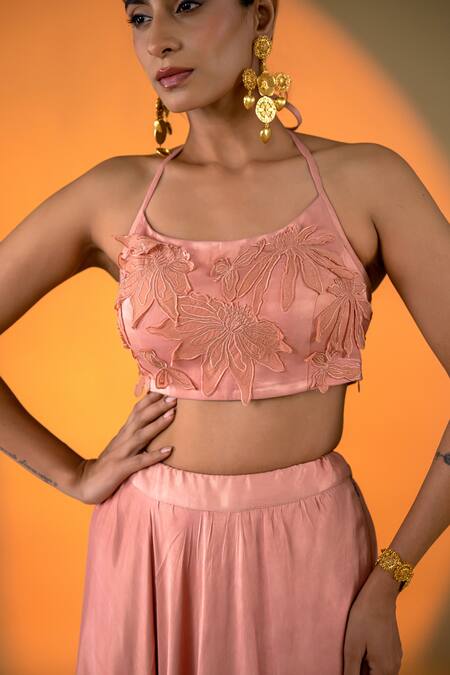 Amrood Peach Satin Applique, Embroidery Halter Neck Lily Blossom Lehenga With Blouse Online at Aza Fashions Amrood_Peach Satin Applique, Embroidery Halter Neck Lily Blossom Lehenga With Blouse _Online_at_Aza_Fashions