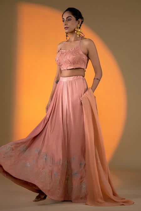 Shop Amrood Peach Satin Applique, Embroidery Halter Neck Lily Blossom Lehenga With Blouse Online at Aza Fashions Shop_Amrood_Peach Satin Applique, Embroidery Halter Neck Lily Blossom Lehenga With Blouse _Online_at_Aza_Fashions