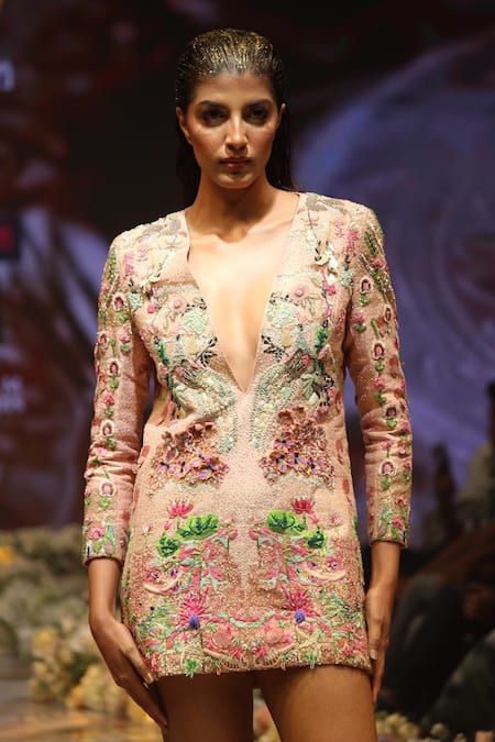 Shop_Rahul Singh_Multi Color Chanderi Silk Embroidery, Sequins, Beads Plunge Hand Short Dress _at_Aza_Fashions