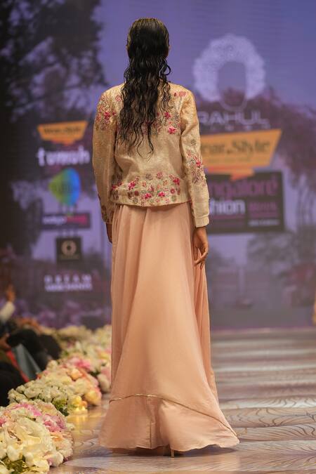 Shop_Rahul Singh_Peach Chanderi Silk Beads, Sequins, Embroidery Flared Gown With Hand Jacket _at_Aza_Fashions