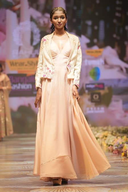 Buy_Rahul Singh_Peach Chanderi Silk Beads, Sequins, Embroidery Flared Gown With Hand Jacket _Online_at_Aza_Fashions