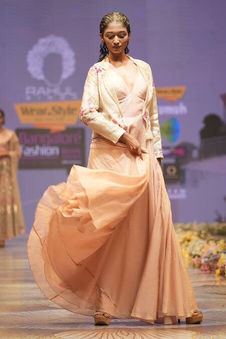 Shop_Rahul Singh_Peach Chanderi Silk Beads, Sequins, Embroidery Flared Gown With Hand Jacket _Online_at_Aza_Fashions