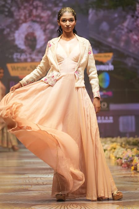 Rahul Singh_Peach Chanderi Silk Beads, Sequins, Embroidery Flared Gown With Hand Jacket _at_Aza_Fashions