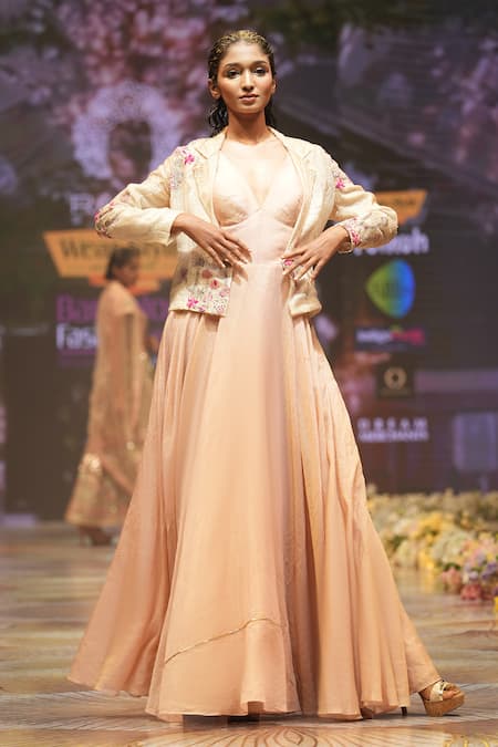 Buy_Rahul Singh_Peach Chanderi Silk Beads, Sequins, Embroidery Flared Gown With Hand Jacket 