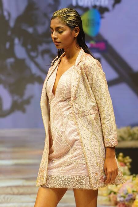 Buy_Rahul Singh_Purple Chanderi Silk Pearls, Sequins, Beads Hand Embroidered Dress With Jacket _Online_at_Aza_Fashions