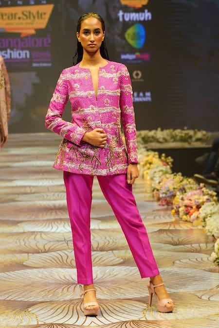 Rahul Singh Pink Chanderi Silk Hand Embroidered Sequin Notched-v Floral Top With Pant 