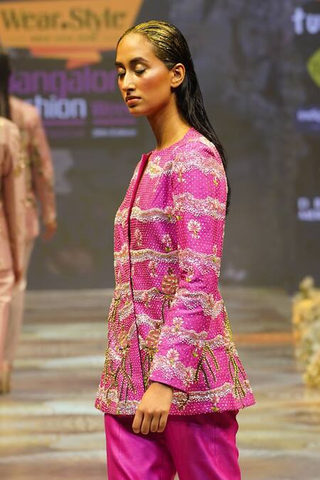 Rahul Singh_Pink Chanderi Silk Sequins, Beads V-neck Floral Hand Embroidered Top With Pant _Online_at_Aza_Fashions