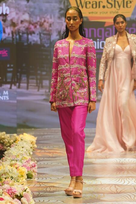 Buy_Rahul Singh_Pink Chanderi Silk Sequins, Beads V-neck Floral Hand Embroidered Top With Pant _Online_at_Aza_Fashions